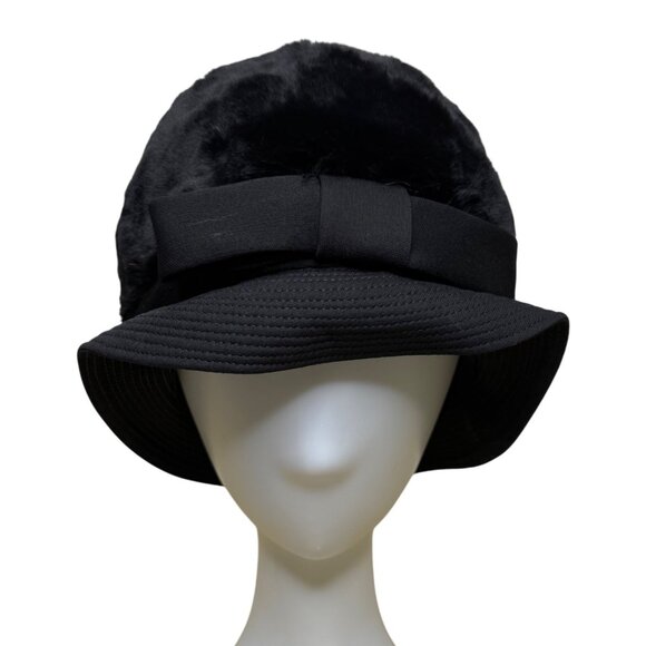Saks Fifth Avenue 1960s Womens Black Faux Fur Cloche Hat With Bow Red Lining - Picture 1 of 7